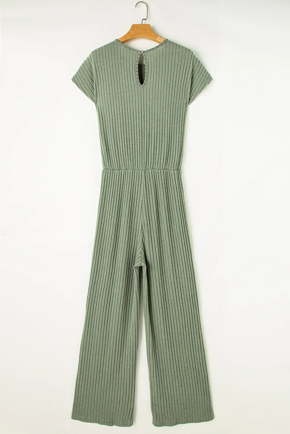 Rose Red Solid Color Ribbed Short Sleeve Wide Leg Jumpsuit
