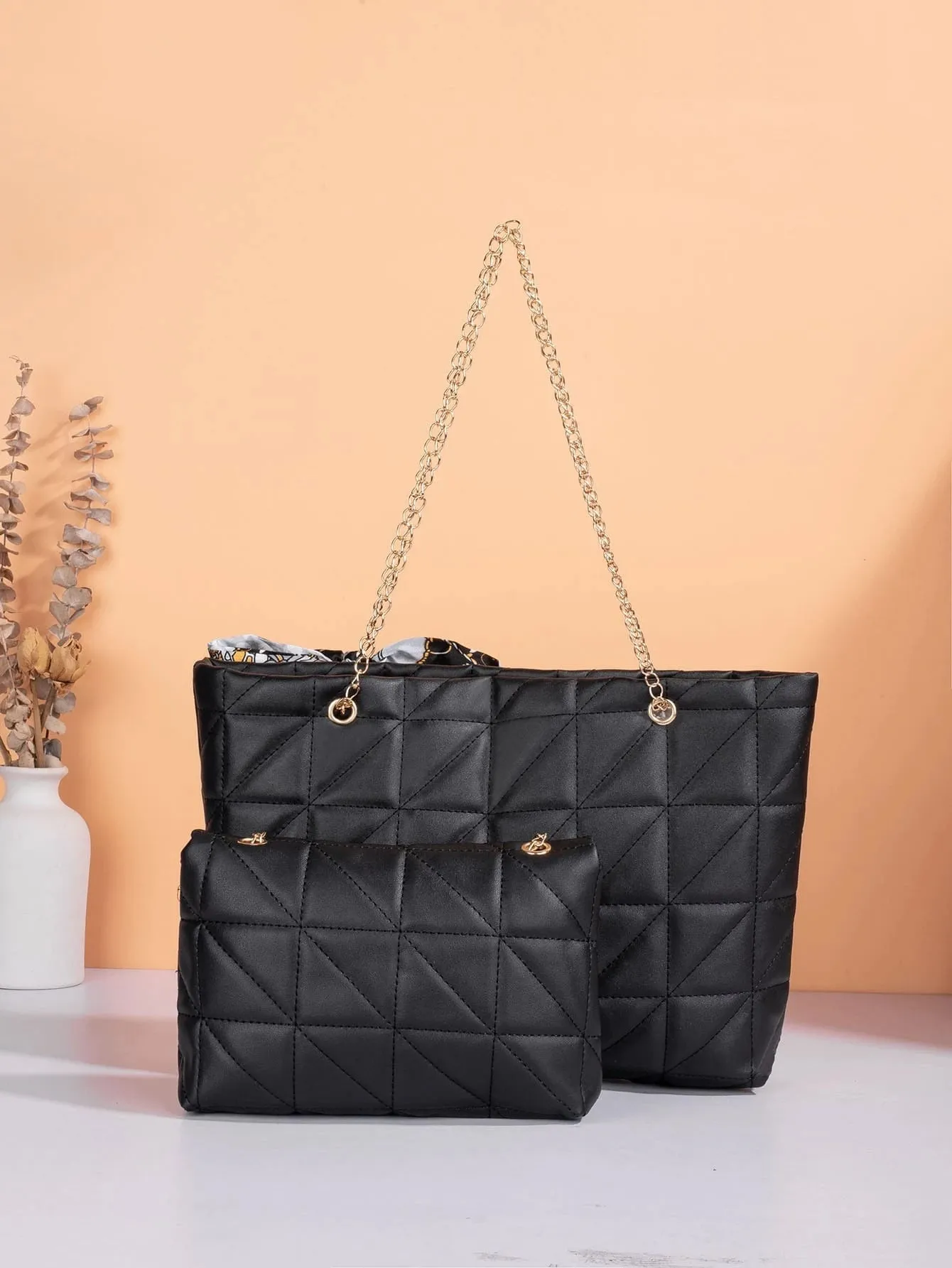 SHEIN Twilly Scarf Decor Quilted Tote Bag With Square Bag