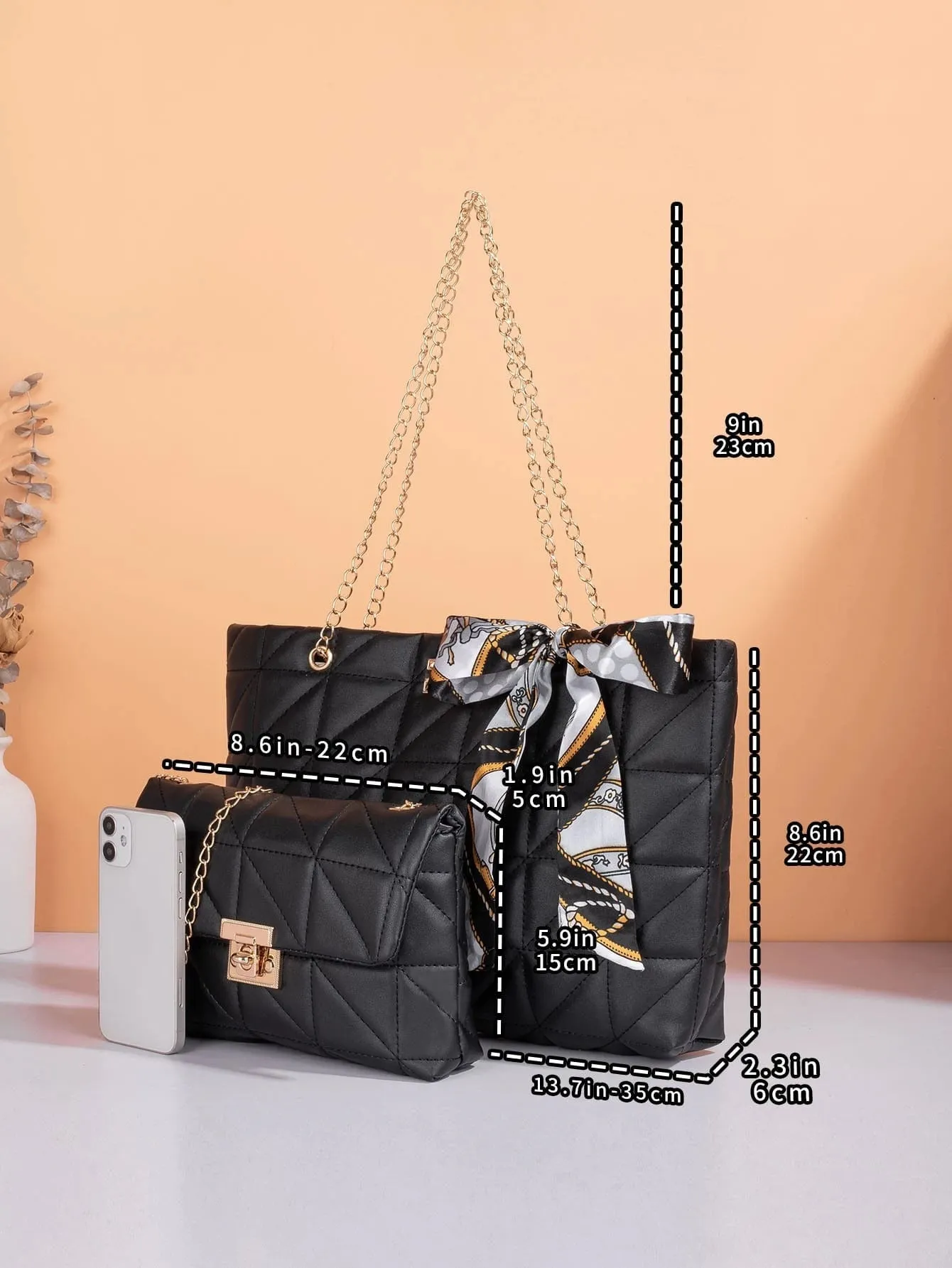 SHEIN Twilly Scarf Decor Quilted Tote Bag With Square Bag