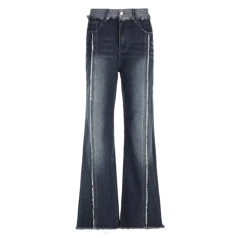 Streetwear Vintage Stripe Stitched Flared Jeans Women Harajuku Distressed Grunge CaprisY2K Burr Denim Trousers Baggy
