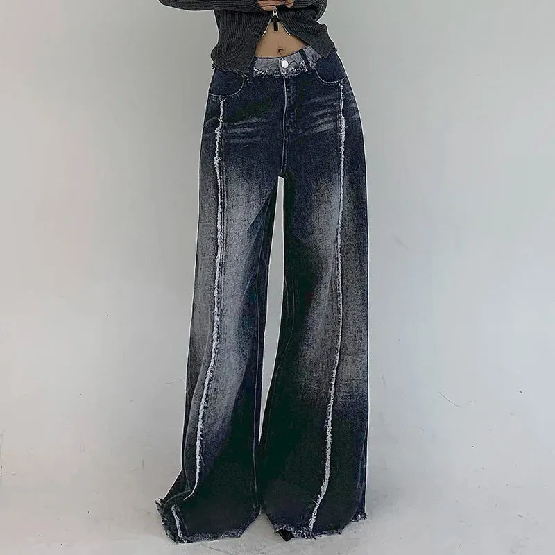 Streetwear Vintage Stripe Stitched Flared Jeans Women Harajuku Distressed Grunge CaprisY2K Burr Denim Trousers Baggy