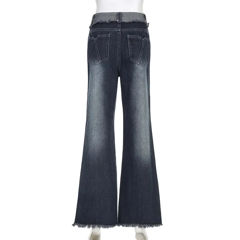 Streetwear Vintage Stripe Stitched Flared Jeans Women Harajuku Distressed Grunge CaprisY2K Burr Denim Trousers Baggy