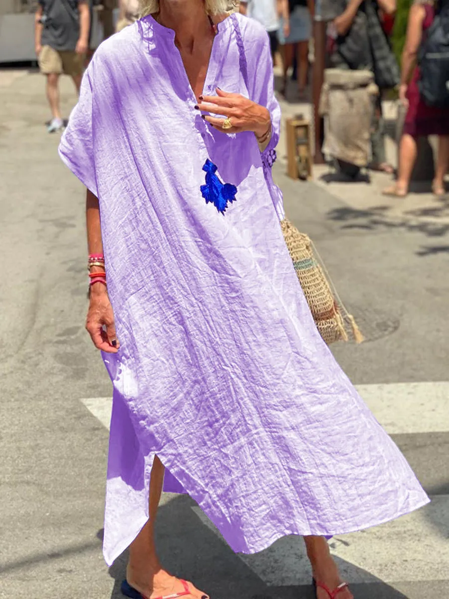 V-Neck Solid Color Split Dress