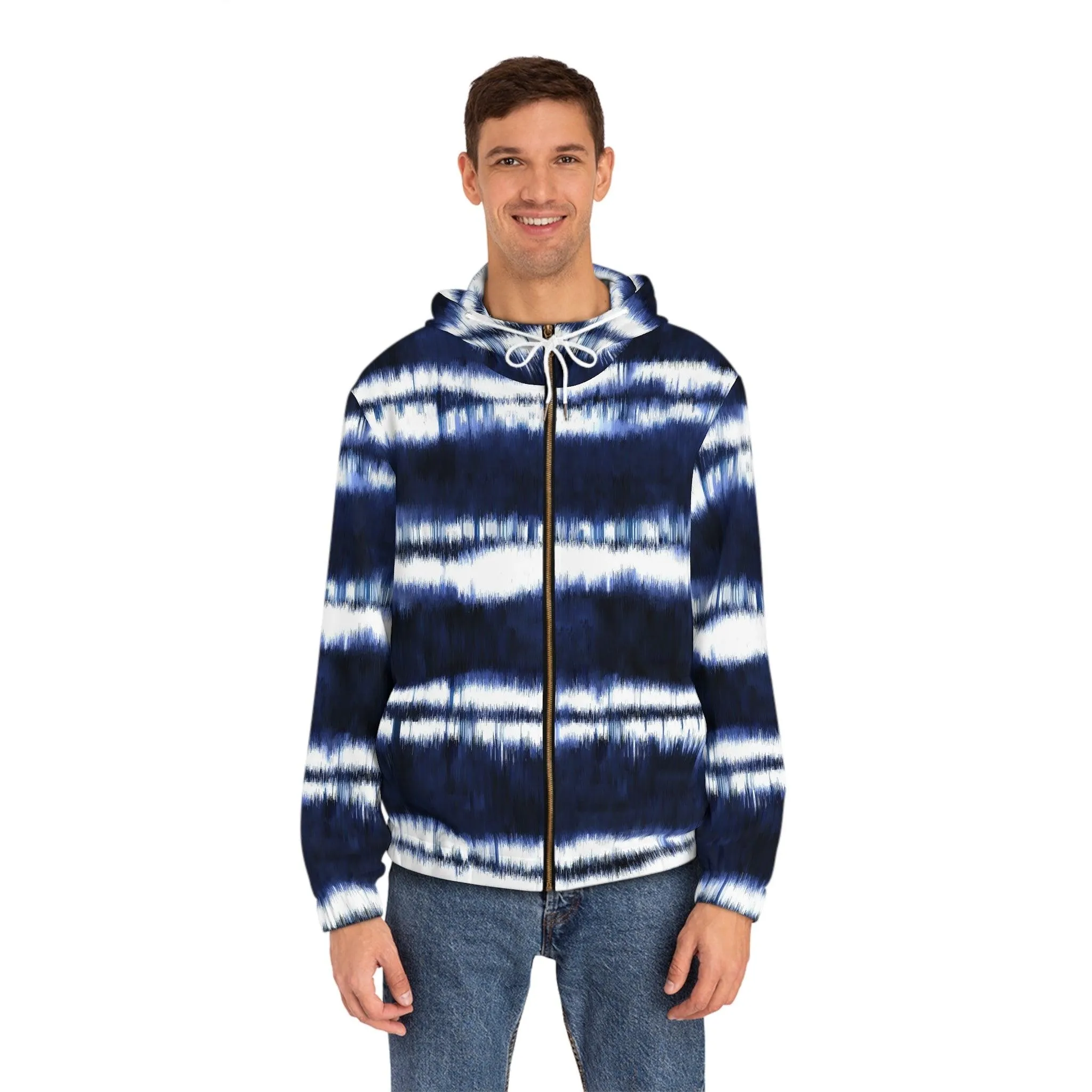 White Lines on Blue Men's Full-Zip Hoodie (AOP)