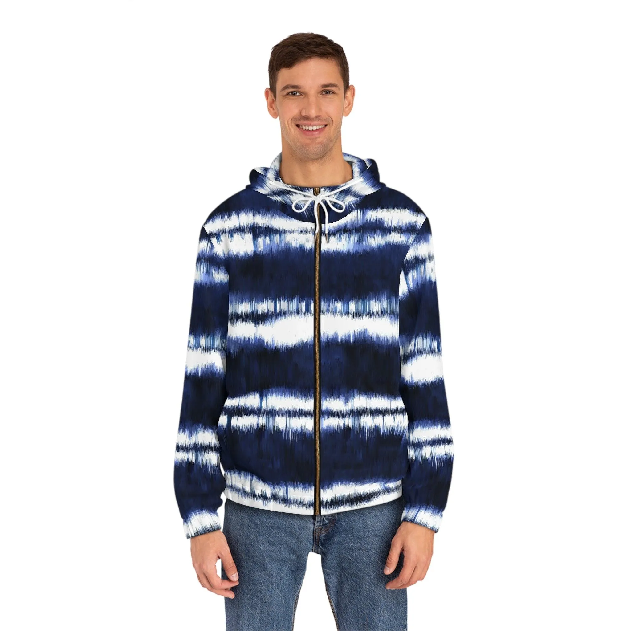 White Lines on Blue Men's Full-Zip Hoodie (AOP)