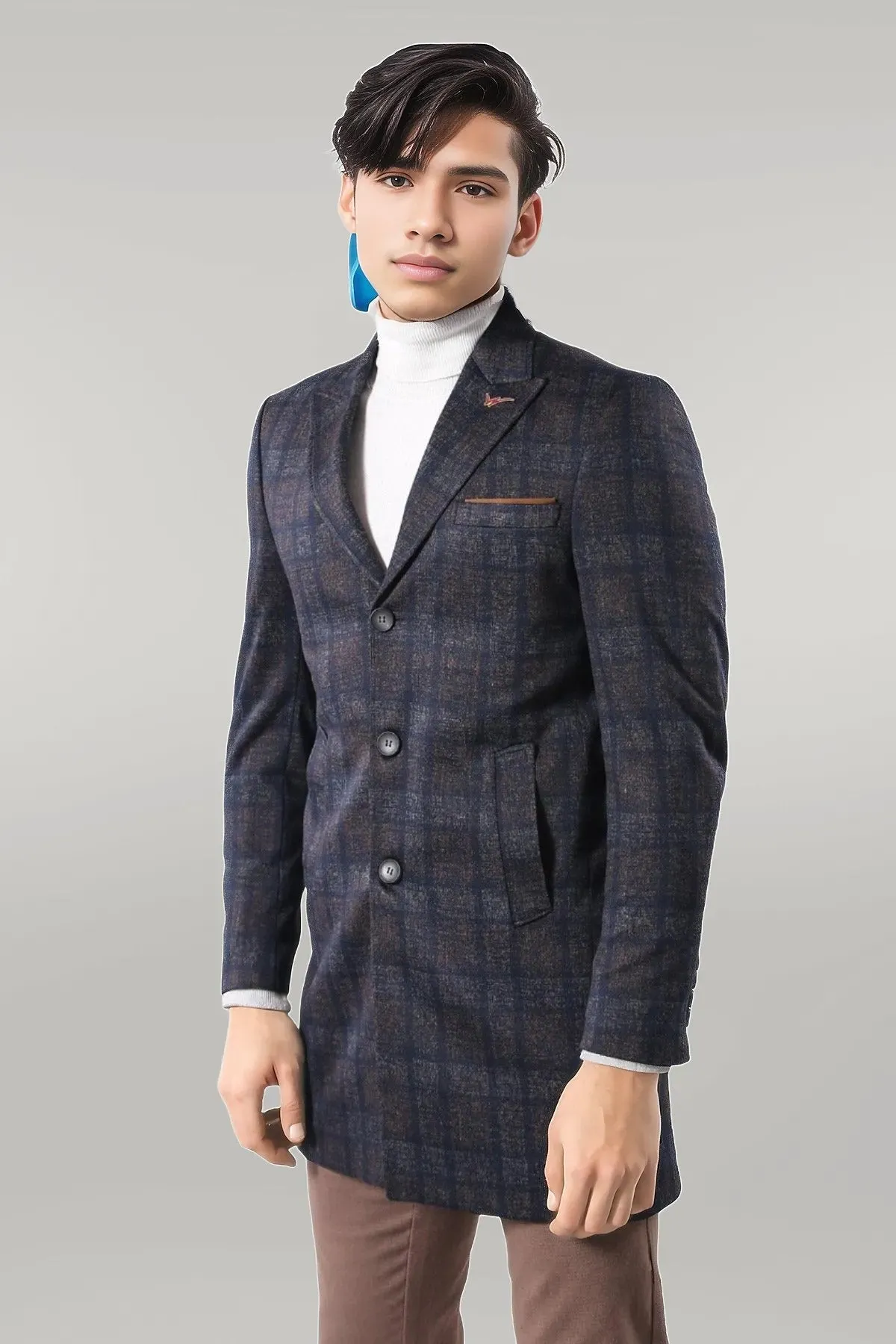 WSS Plaid Over Knee Smoked Men Coat  - Singen