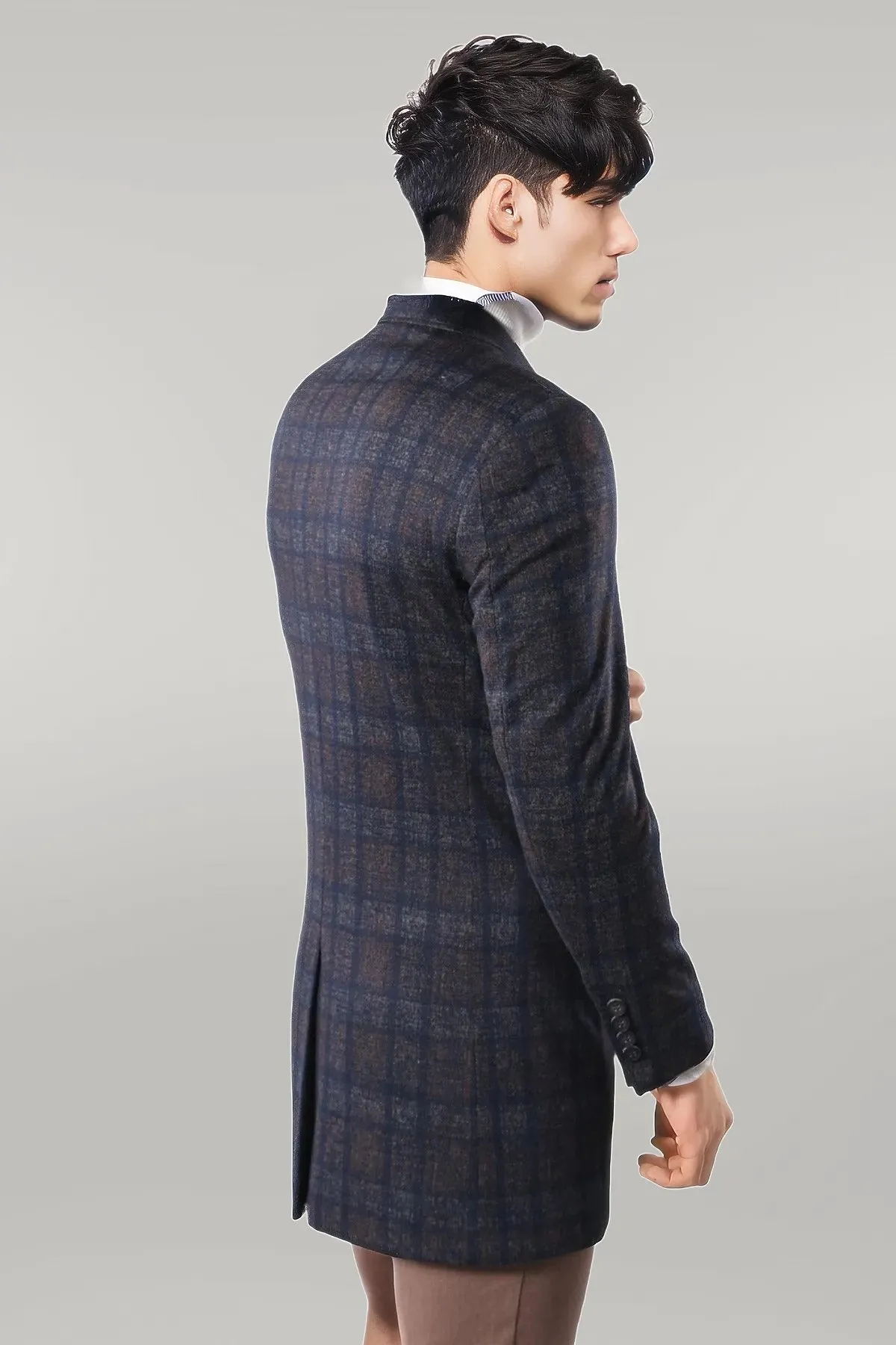 WSS Plaid Over Knee Smoked Men Coat  - Singen