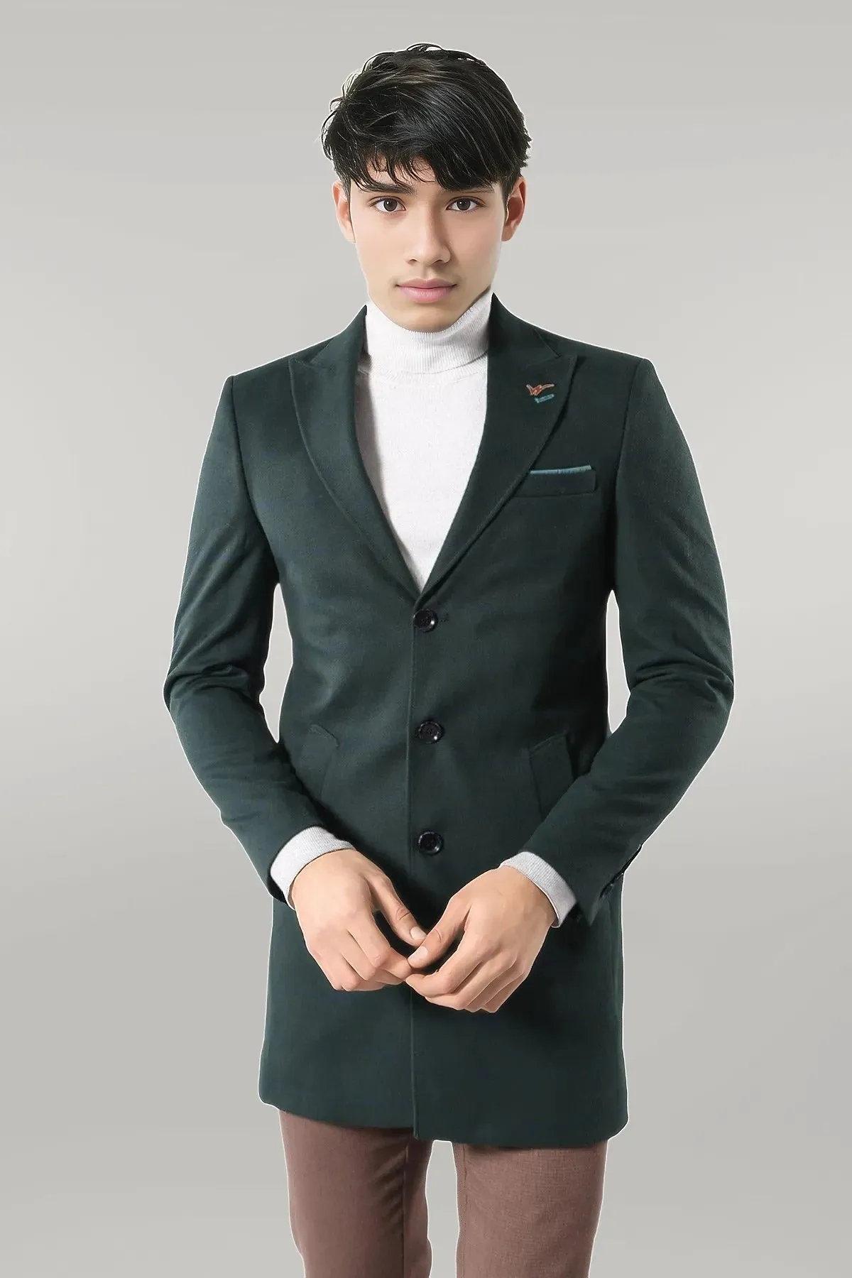 WSS Wide Pointed Collar Green Men Coat  - Singen