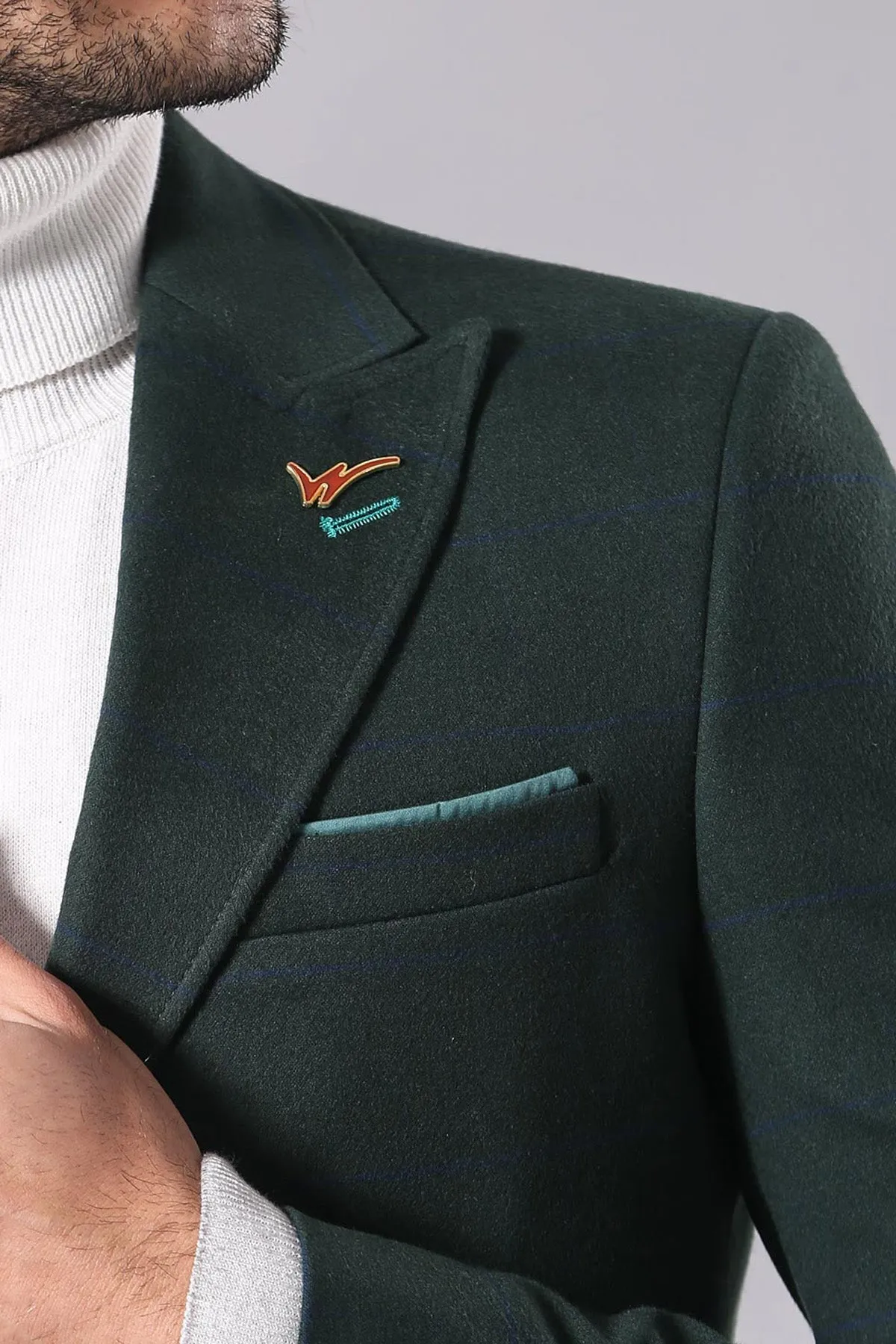 WSS Wide Pointed Collar Green Men Coat  - Singen